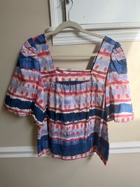 Marie Oliver Square Neck Tie-Dye Stripe Women's Puff Sleeve Top in Blue and Pink